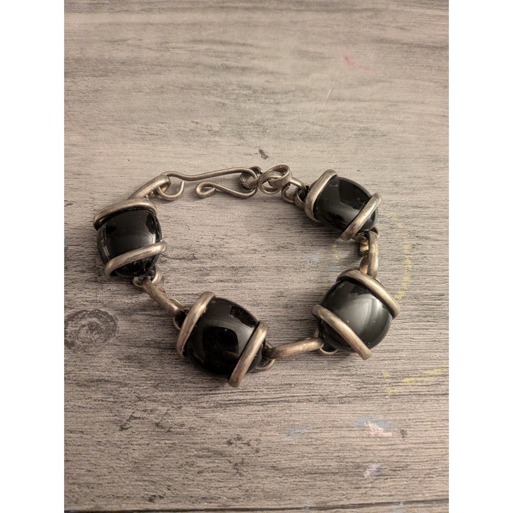 Vintage Sterling Silver Black Onyx Cabochon Link Bracelet Wire Wrap S-Hook